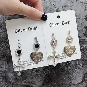 Vintage Chic Silver Color Crystal Cross Irregular Dangle Earrings For Women Fashion Letter Heart Drop Earring Jewelry Accessory daiiibabyyy